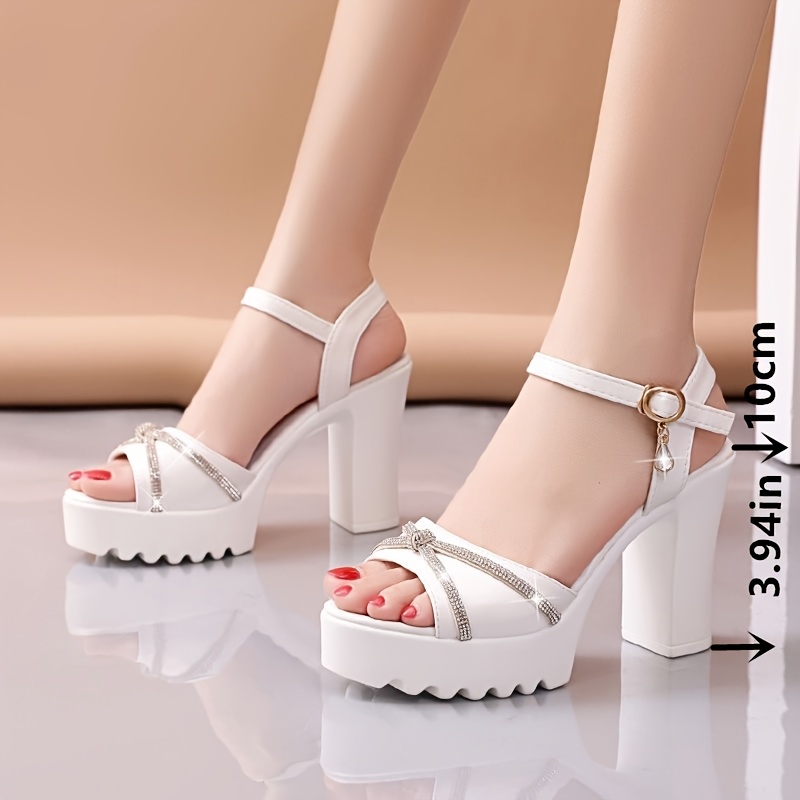 Sandalias de Tacón Alto para Mujer con Cristales, Correa de Tobillo, Punta Abierta, Plataforma Gruesa y Tacón Robusto para Mujeres Pequeñas, Zapatos de Mujer - Imagen 3