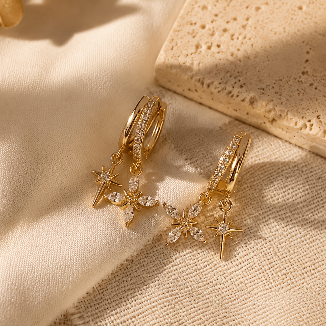 TEMU A Pair Of Exquisite Double-hoop Earrings Featuring Dangling Sparkling Cubic Synthetic Zirconia; Elegant Starry Designed For Women,