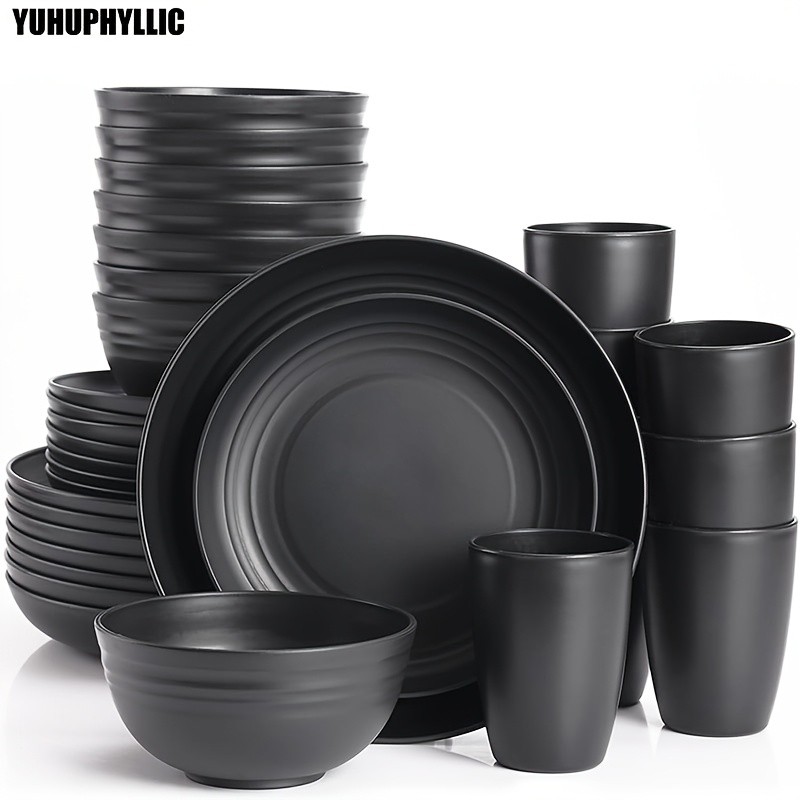 

16/32pcs Yuhuphyllic Black Plastic Dinnerware Set, , Microwave & Dishwasher Safe, With Dinner Plates, Dessert Plates, Bowls, Cups For Kitchen