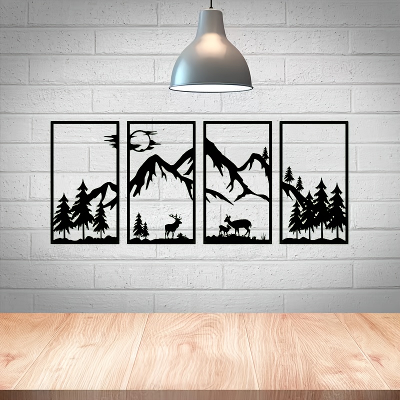4pcs Mountain Landscape Metal Wall Art, Large Drawing Decor, Abstract Minimalist Rustic Room Garden Wall Decoration