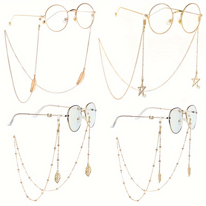 

4pcs/set Glasses Chain For Women Men- Pentagram Leaves Pendant Eyeglass Strap Holder Lanyards Retainer Beads Metal Mask Glasses Accessories