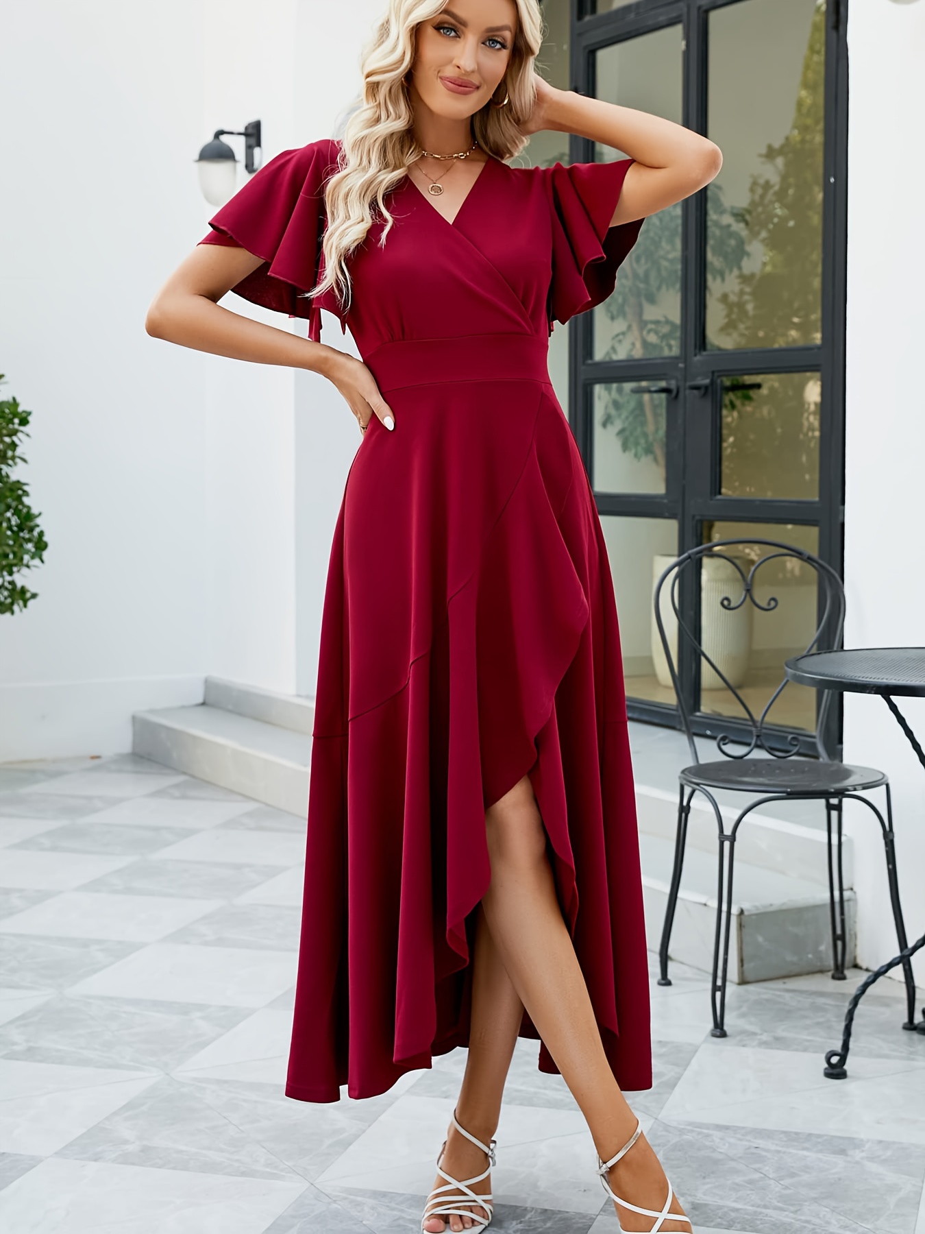 womens v neck irregular hem dress featuring a fitted bodice - Temu