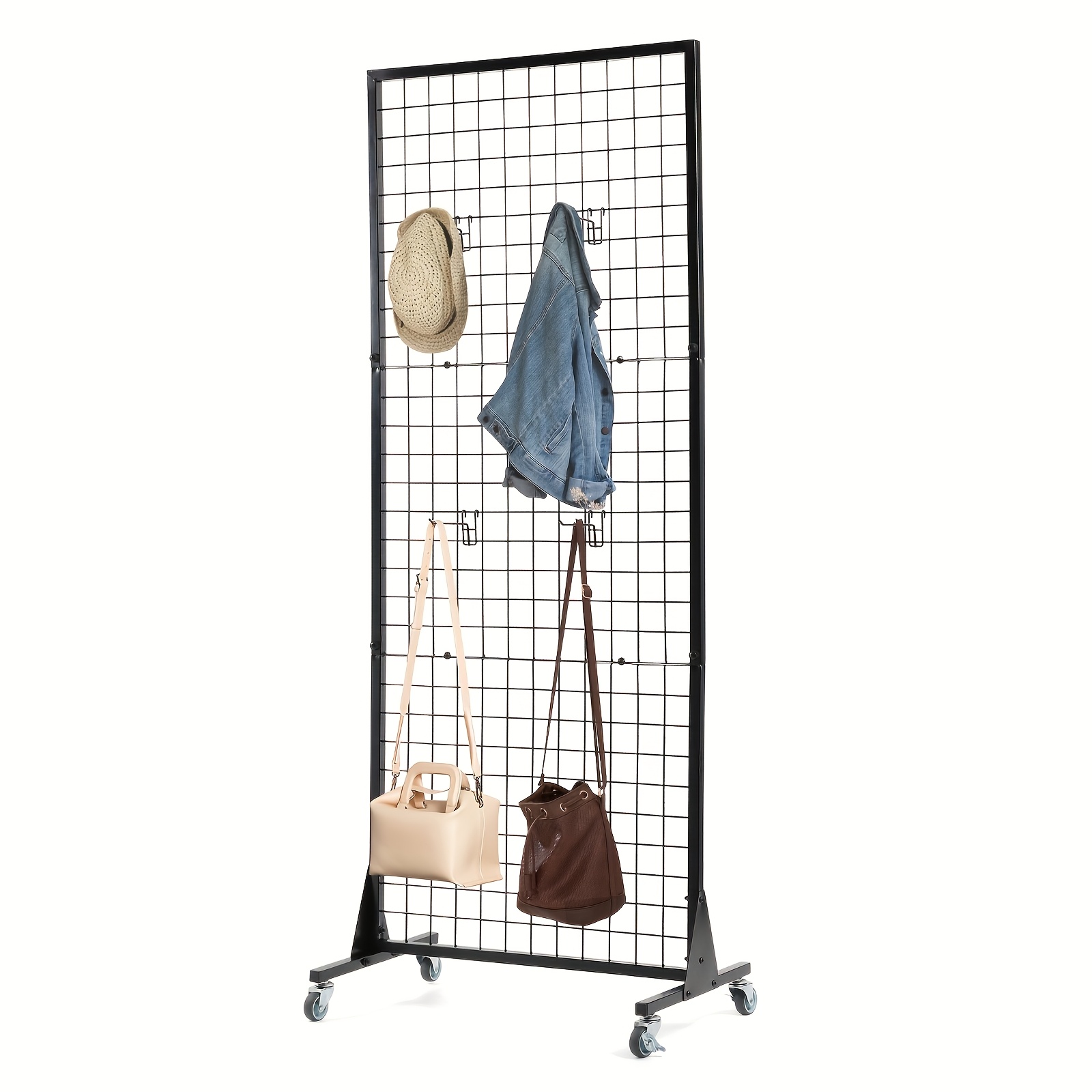3 Layer   Panel Display Stand | Duty Floor Standing Rack with Movable Silent Wheel, Sturdy Wire Grid Wall Panels Metal Art Display Racks with 10 Hooks, Ideal for Retail & Craft  , Iron Material, Painted End