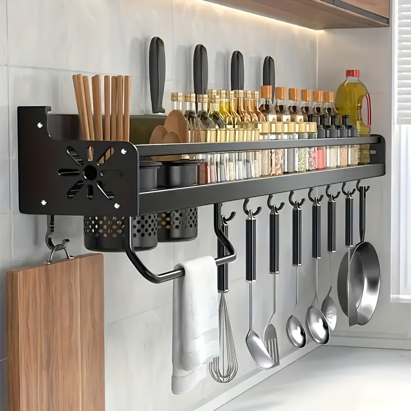 TEMU 1pc Modern Elegant Wall Mounted Metal Kitchen Shelf - Spice Rack With Knife Holder, Utensil Hanging Hooks, Multi-use Organizer For Home Decor, Space-saving, , Rust-resistant, And