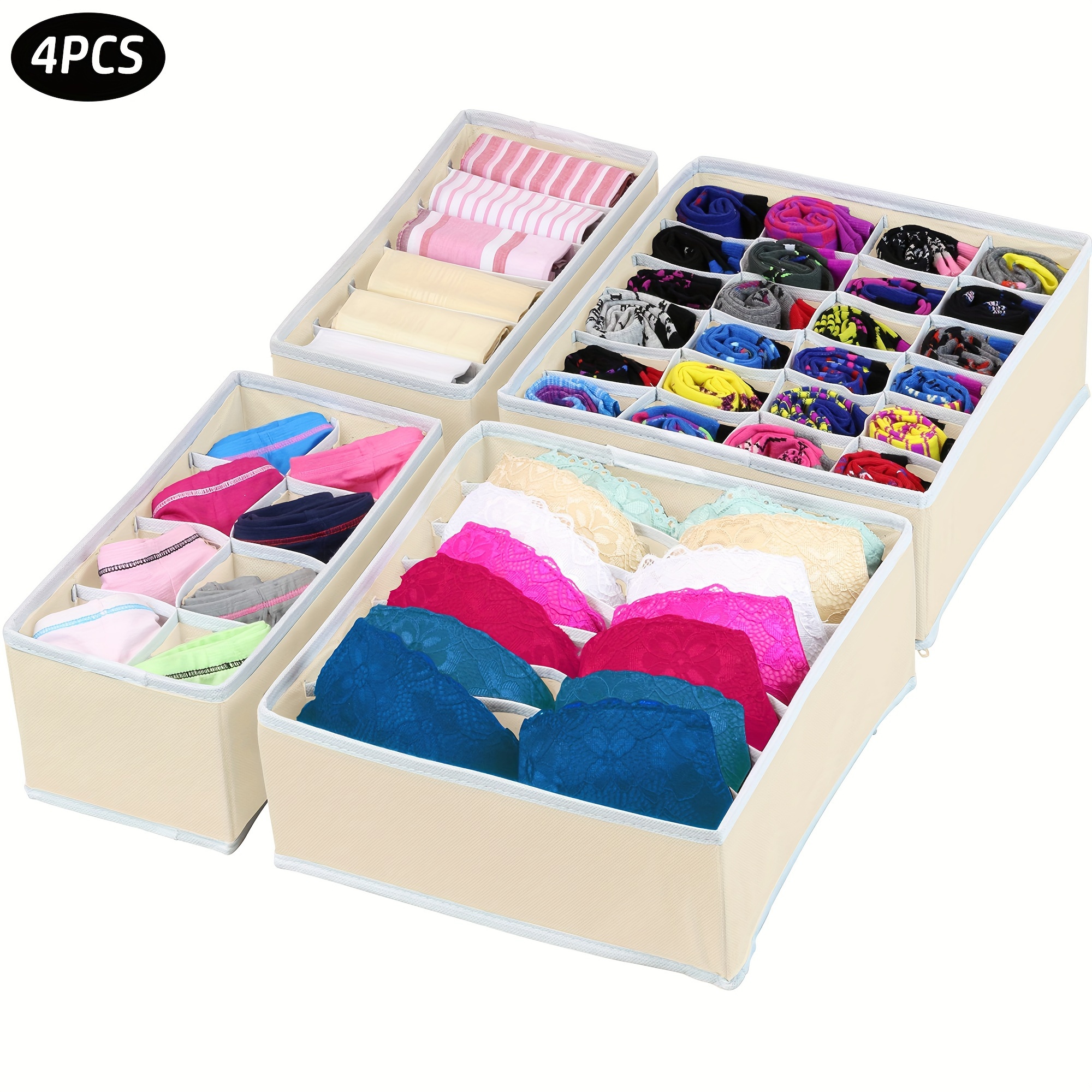 

4-piece Set Thickened Non-woven Fabric Drawer Organizer Box For Underwear, Socks, And Clothing - Foldable Canvas Storage Dividers With Multiple Compartments