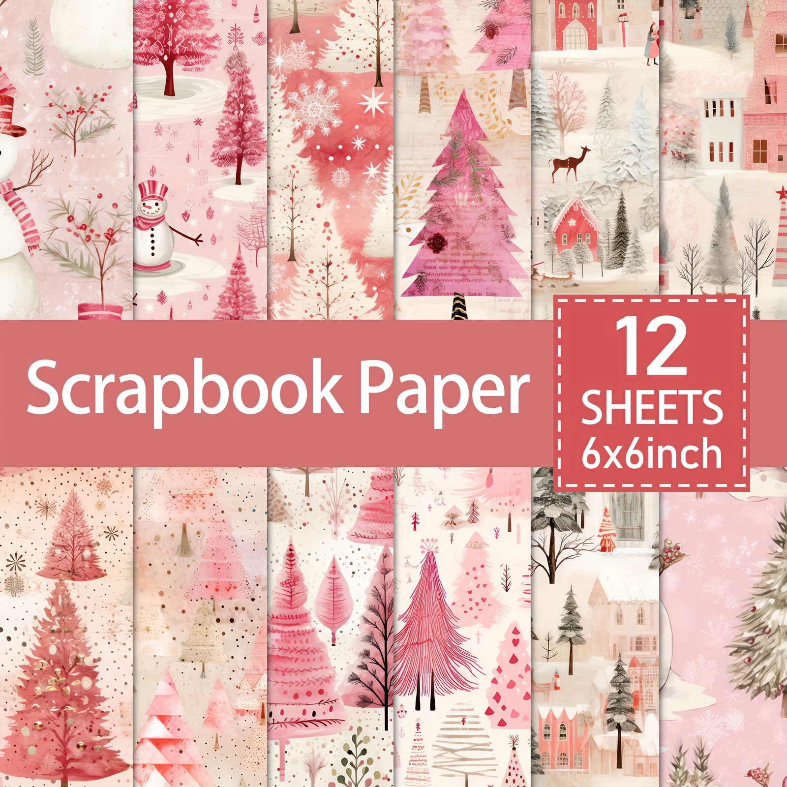TEMU 12 Sheets Pink Christmas Scrapbook Paper Pad - 6x6 Inch Vintage Craft Cardstock With Festive Holiday Designs For Scrapbooking, Junk Journals,