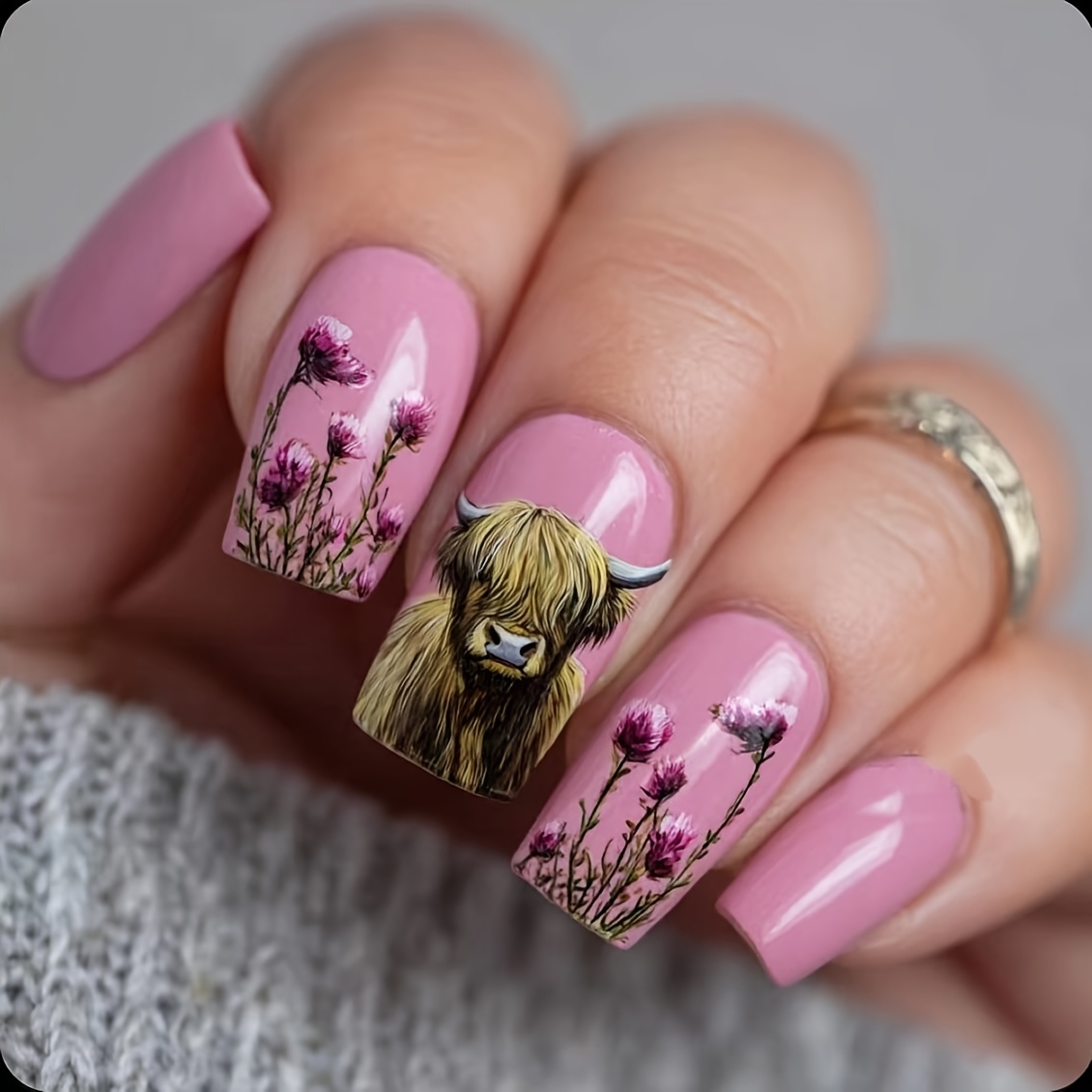 TEMU Highland Cow Nail Art Pink Hand-painted Press-on Nails, Fresh Thistle , Effect, Medium-length Finished Fake Nails