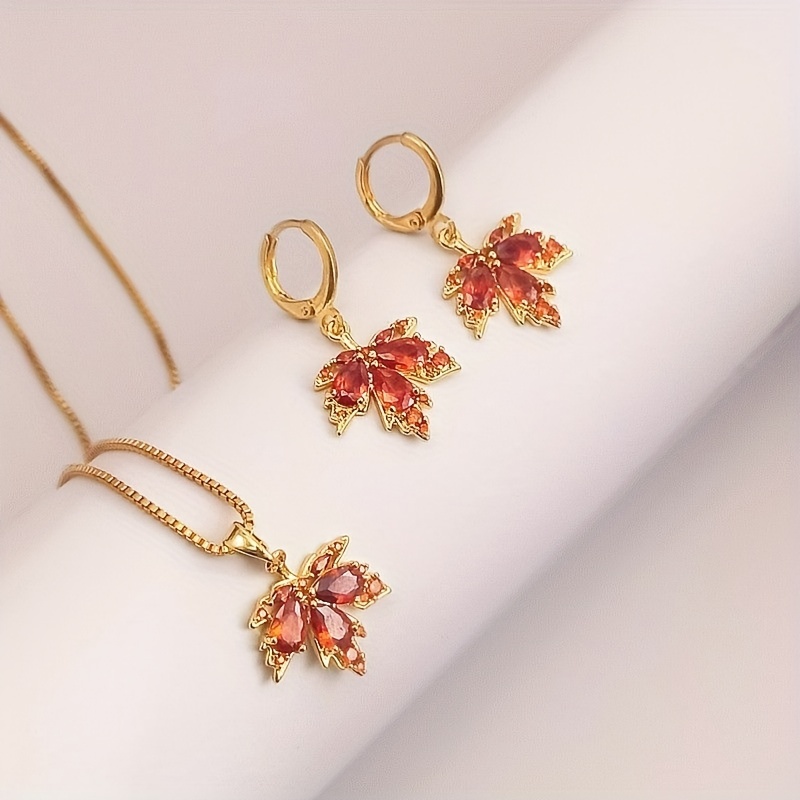 

3 Pcs Vintage Red Maple Leaf Jewelry Set: Earrings & Necklace - Synthetic Red Gems, Alloy, Copper Earposts - Perfect For Daily Wear Or As A Gift - Suitable For All Seasons