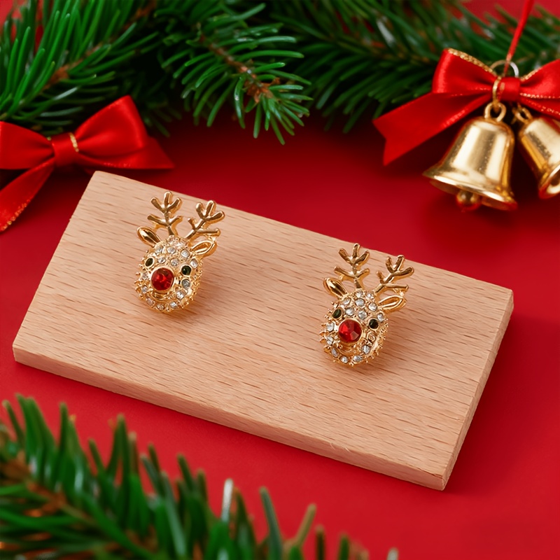 TEMU 1 Pair Of Red Rhinestone Reindeer Stud Earrings, Cute Daily Jewelry Earrings For Women