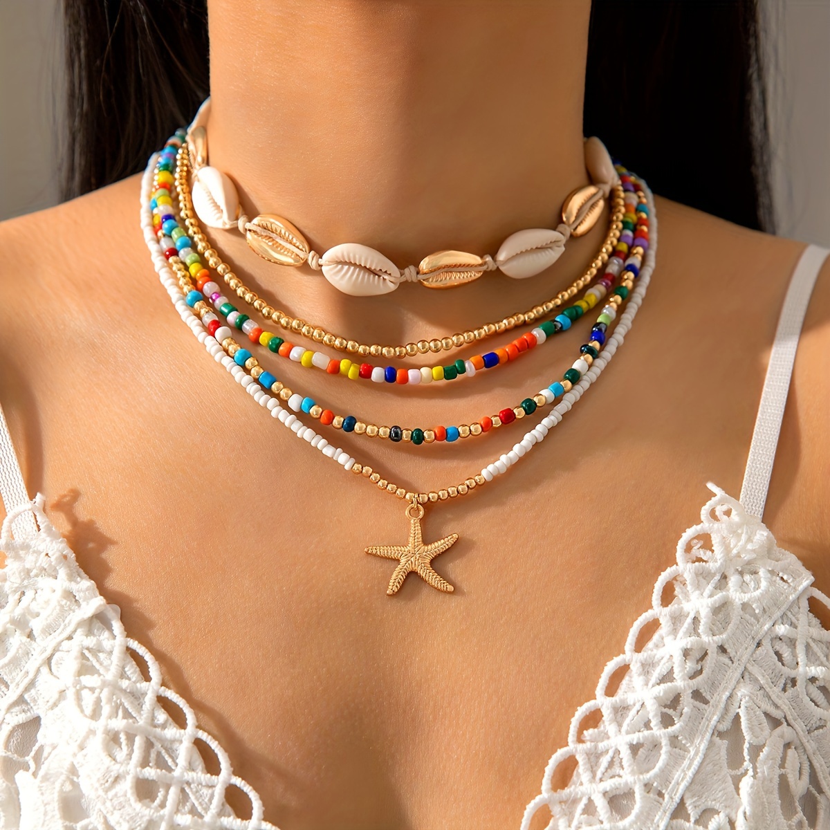 

Bohemian Beach Vacation Style 5pcs Necklace Set, Colorful Rice Beads With Starfish & Shells Pendant Necklace, Minimalist Alloy Beaded Choker Layered Necklace Jewelry