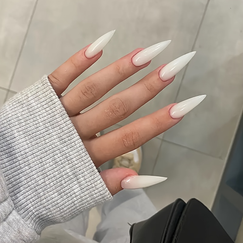 

24pcs Extra Long Stiletto Press-on Nails - Solid Color White, Glossy , Removable False Nails With Jelly Glue & Nail File Included, Everyday Or Special Occasions