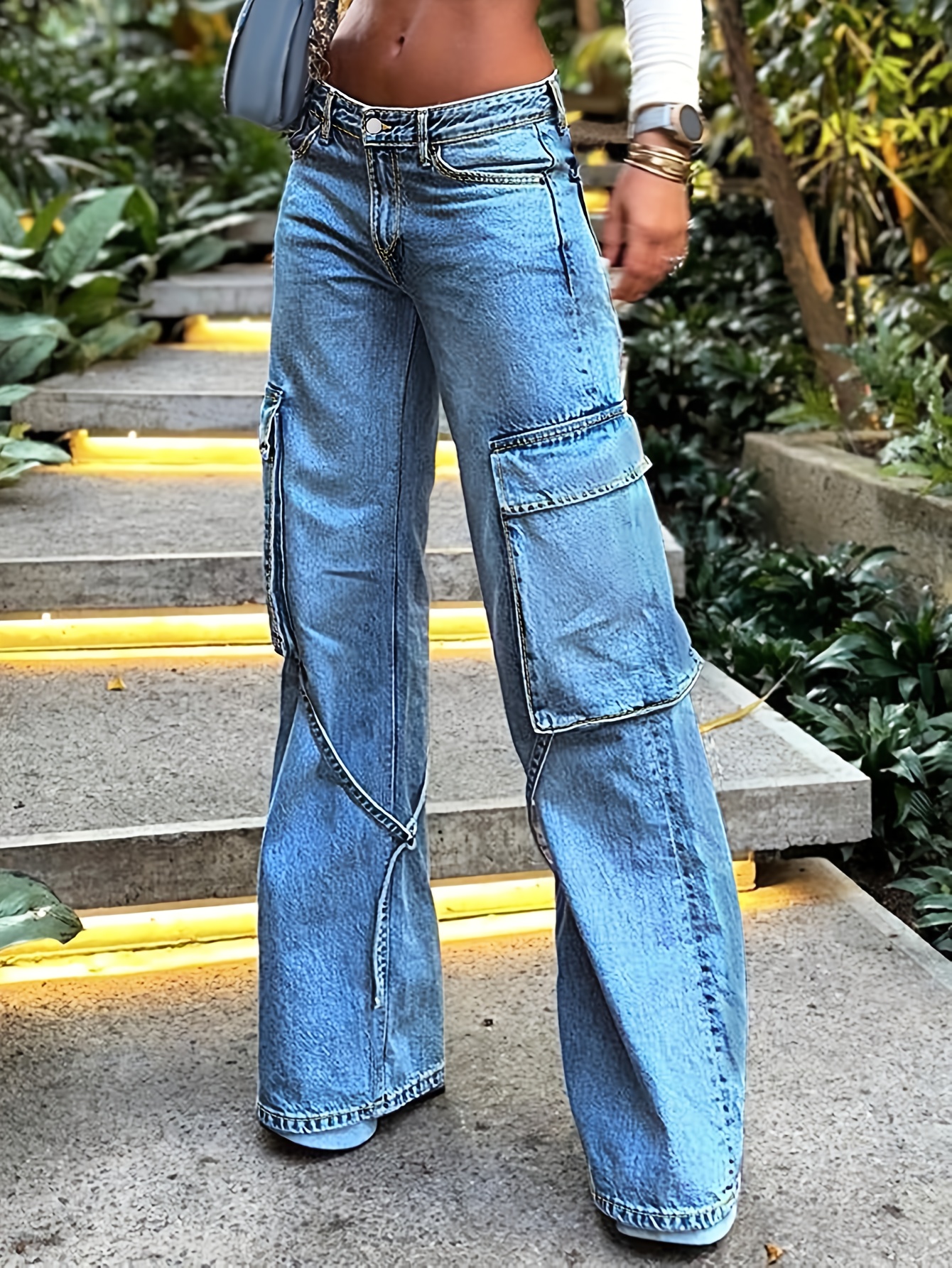 Side Flap Pocket Plain Cargo Jeans Streetwear Loose Fit Y2k - Temu ...