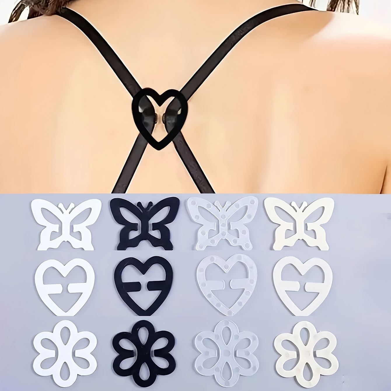 Image of 4/12pcs Of Non-slip Invisible Bra Clips, Featuring Creative And Heart Shapes, Designed To Prevent Awkwardness While Wearing. Clips Are Suitable For Cross-back Styles And Help Keep Straps In