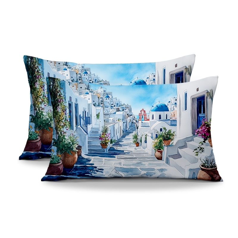 TEMU 2pcs Short Plush Boston Santorini Island In Greece With Throw Pillow Lumbar Throw Pillowcase Cushion Cover For Sofa Home Decorative 12x20 Inch