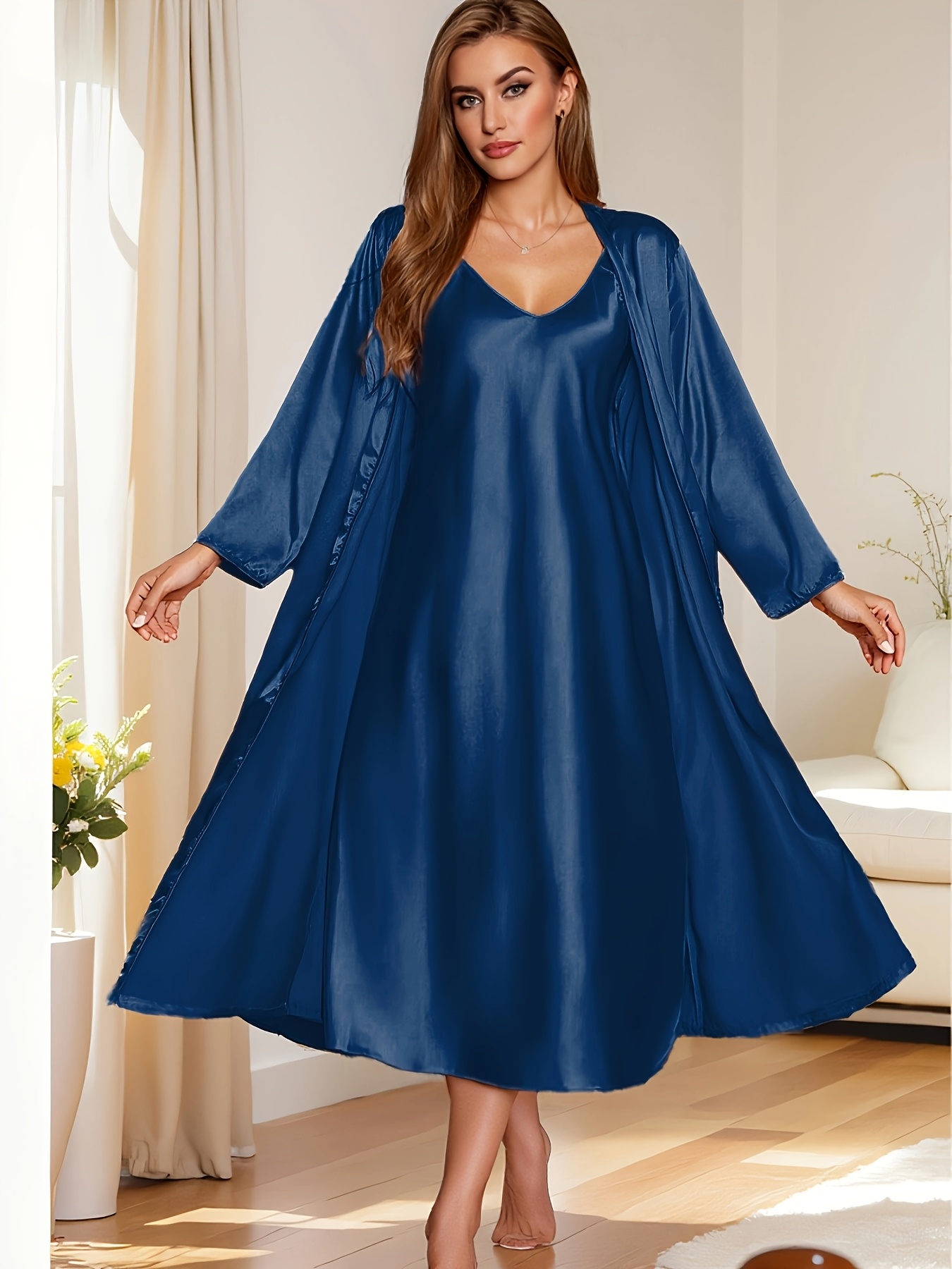Cdiscount Robe Tablier Manches Longues Pyjama Robe De Chambre Bleu