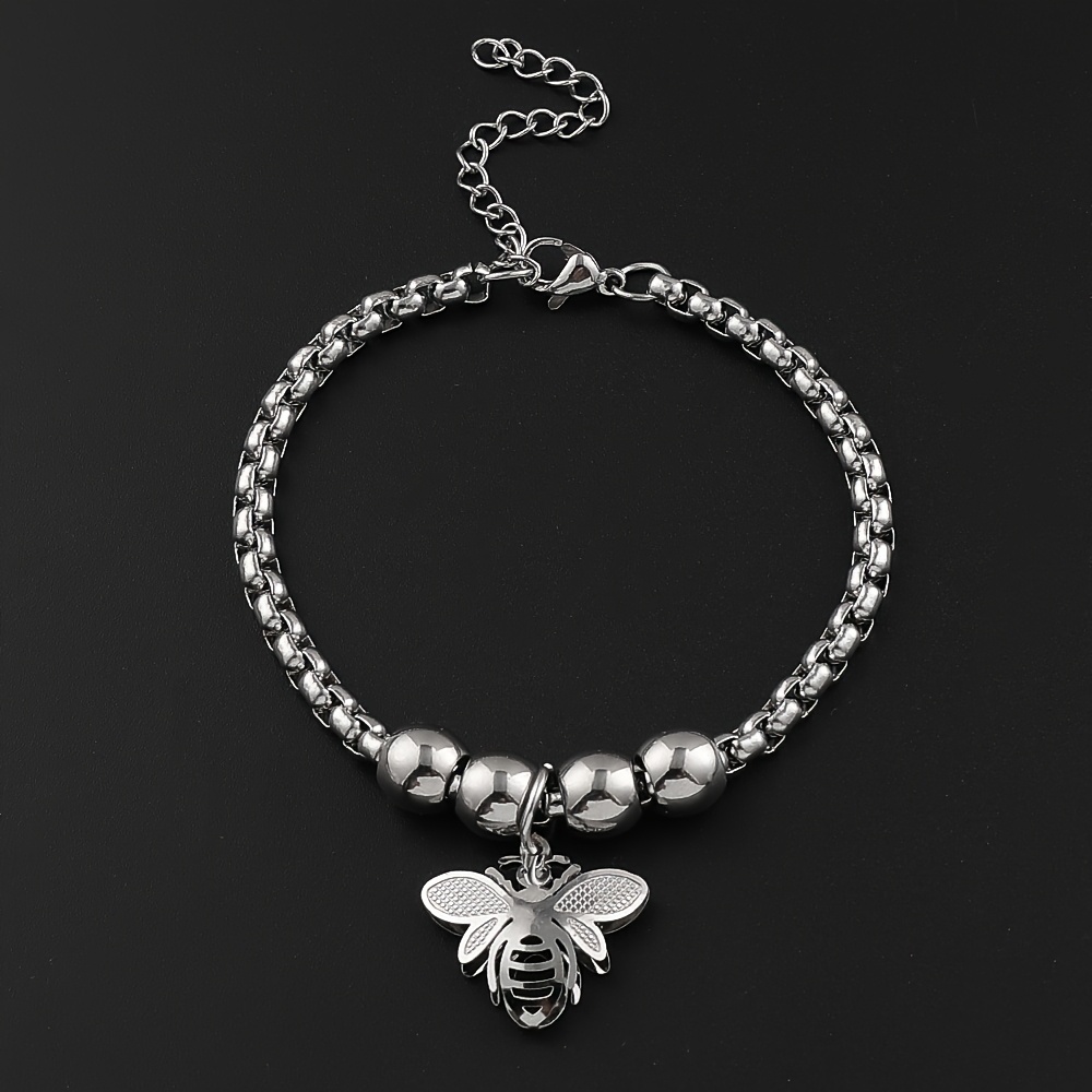 TEMU Bracciale in acciaio inossidabile con apetta, accessorio da bracciale da donna con perline dorate e argentate per feste e matrimoni