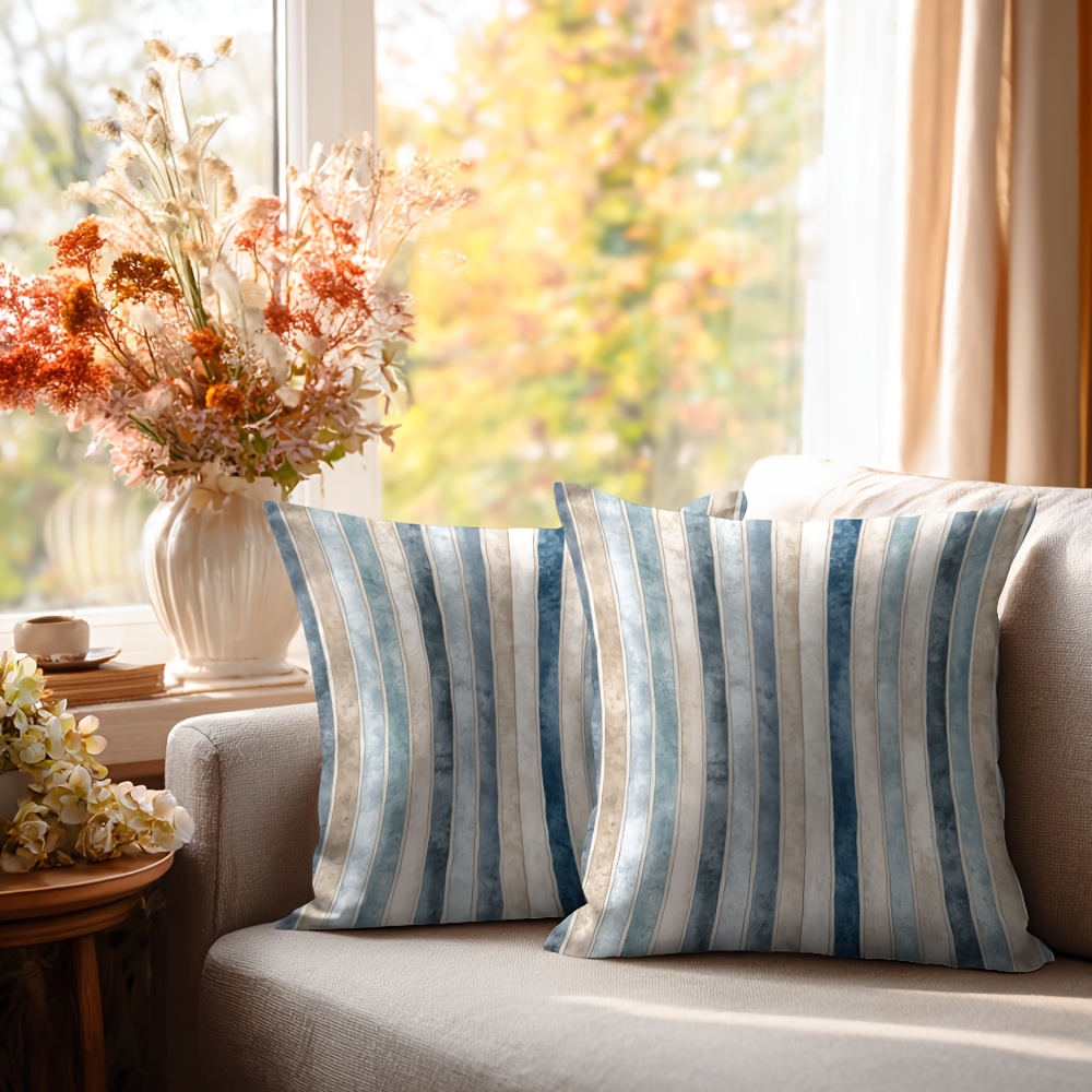 TEMU 2pcs Blue Beige Striped Throw Pillow Covers, Reversible Covers With Hidden Zipper, Soft Navy Blue And Beige Stripes Decor For Sofa And Bed