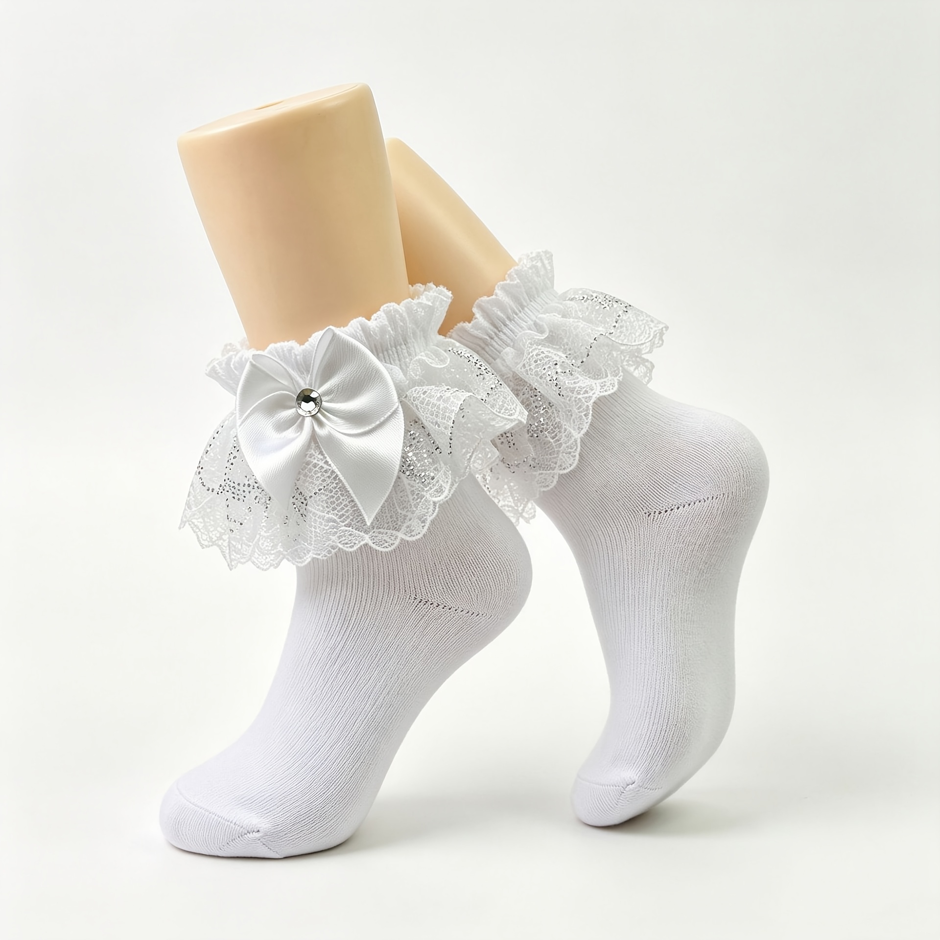 TEMU Girls' Four-season Wearable Lace Trim Short Socks, Comfortable And Breathable White Bow-decorated Socks, Flower Girl Wedding First Communion
