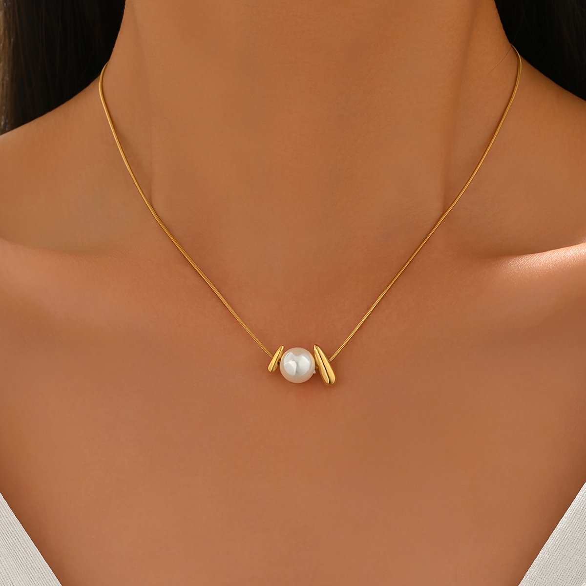 TEMU 1 Golden Necklace Stainless Steel Golden Plated Necklace Artificial Pearl Ladies Necklace Daily Wear Casual Wear Charm Long Time