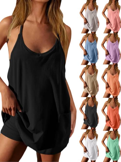 womens sleeveless mini dress with shorts casual athletic style v neck loose fit solid colors purple orange black white washable spring summer fall wear loungewear dress sleeveless mini dress glossy texture short summer dresses