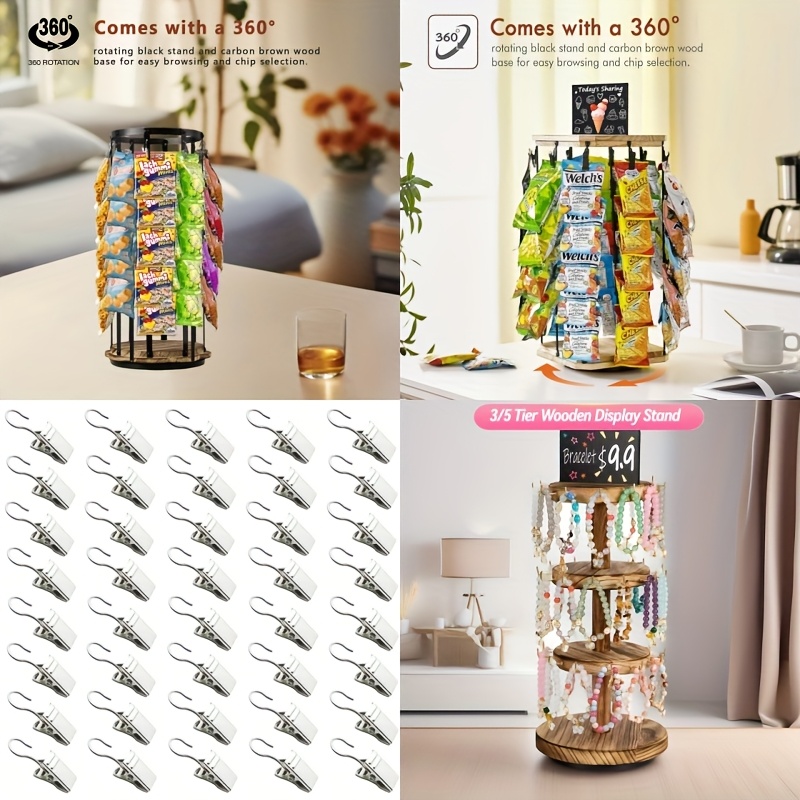 40pcs Clips/ 1pc Wooden Rotating Snack Display Rack in Different Specifications, 360° Rotating Base Chip & Candy Organizer with Labels, Suitable for Convenience Store Counters And Parties
