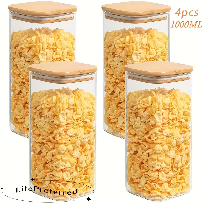 E-shop 4er-Set Elegante Glasbehälter mit Bambusdeckeln, 1000 ml/33,8 oz Fassungsvermögen - Luftdicht und stapelbar, für Hafer, Pasta, Mehl, Getreide,
