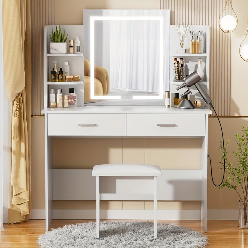 Small Vanity Desk with Mirror and LED Lights White