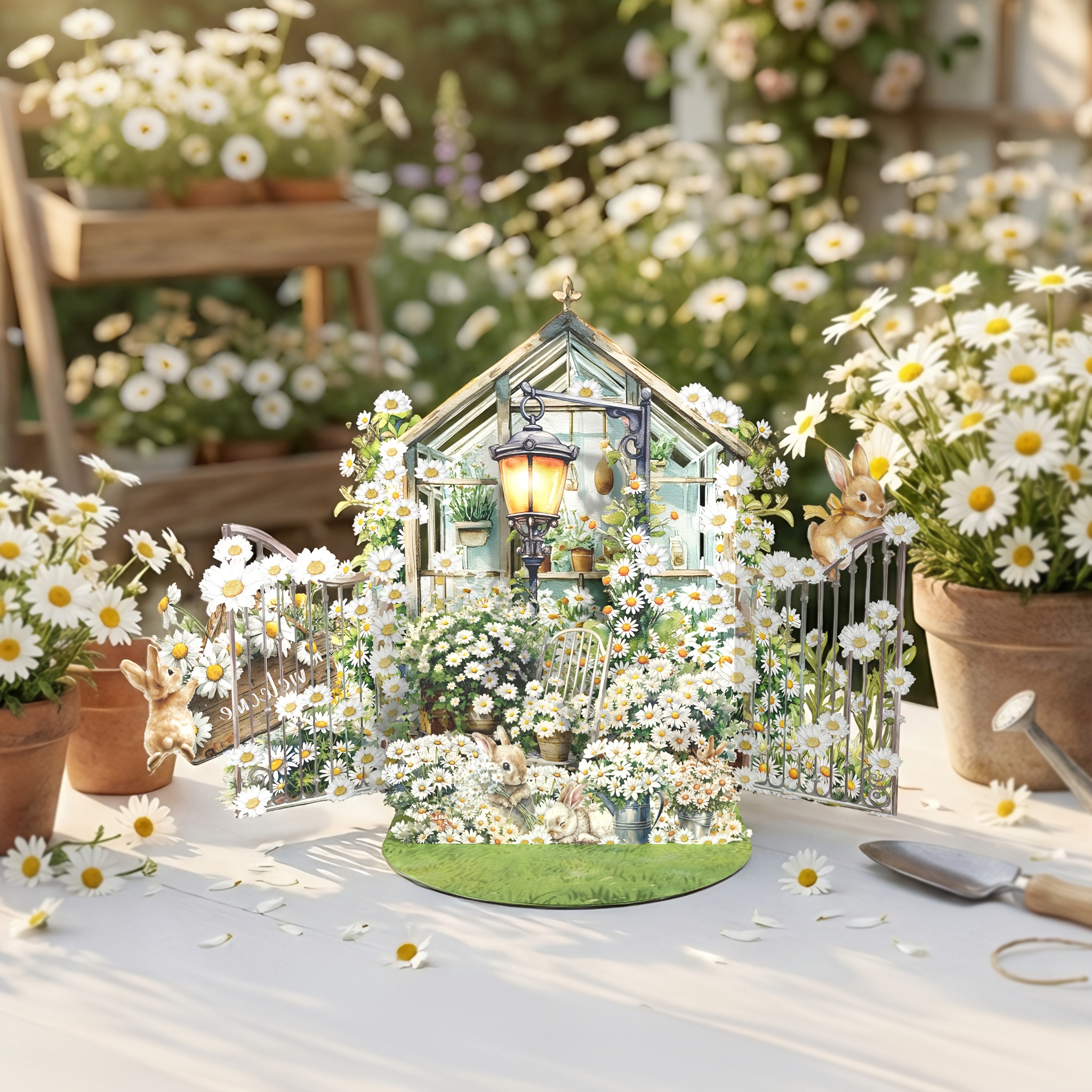Image of 3d Pop-up Bunny & Daisy Garden Greeting Card With Envelope, For Birthdays, Anniversaries, Mother's Day, Weddings, Proposals, Thank You, Father's Day, Gift For Family And Friend