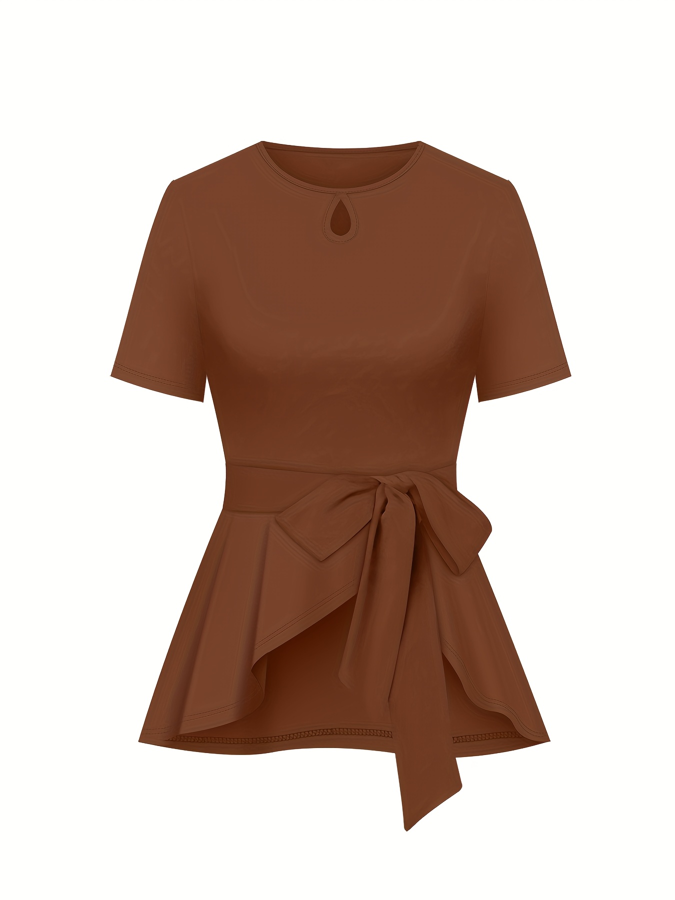 Women's elegant suit solid color round neck short sleeve tie bow top and striped print skirt two-piece set
