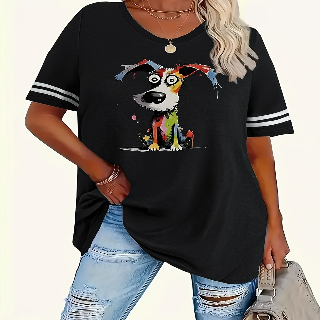 

Women's Plus Size Cartoon Dog Print T-shirt - Casual Round Neck, Short Sleeve With Striped Detail, Comfortable Polyester , Machine Washable, Sizes 1-8xl, Tshirt| Design|nontransparent Material