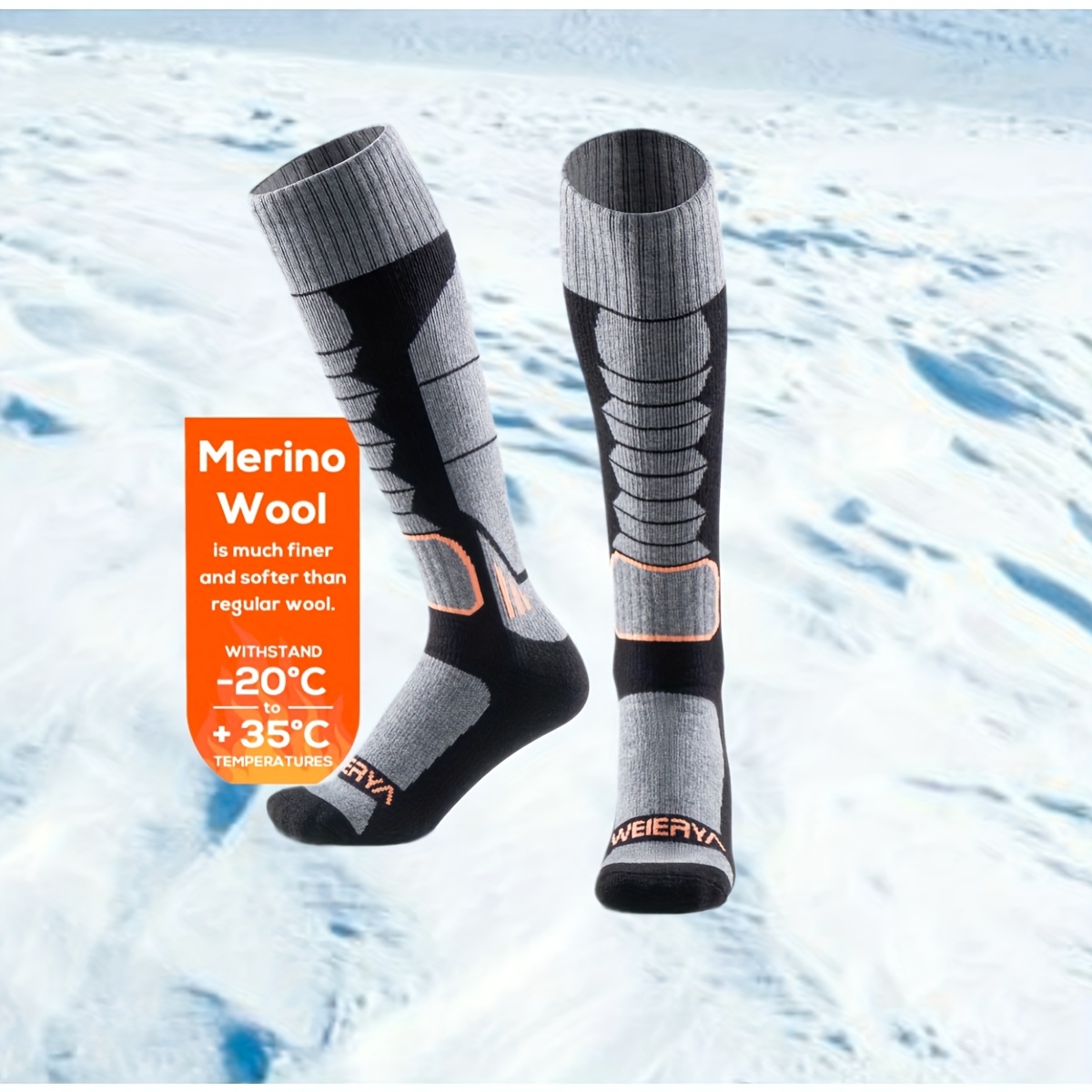 Image of Merino Wool Socks, Professional Ski Socks, Snowboarding, Men's And Women's Outdoor Sports Performance Comfortable Warm Socks, 1 Pair Set