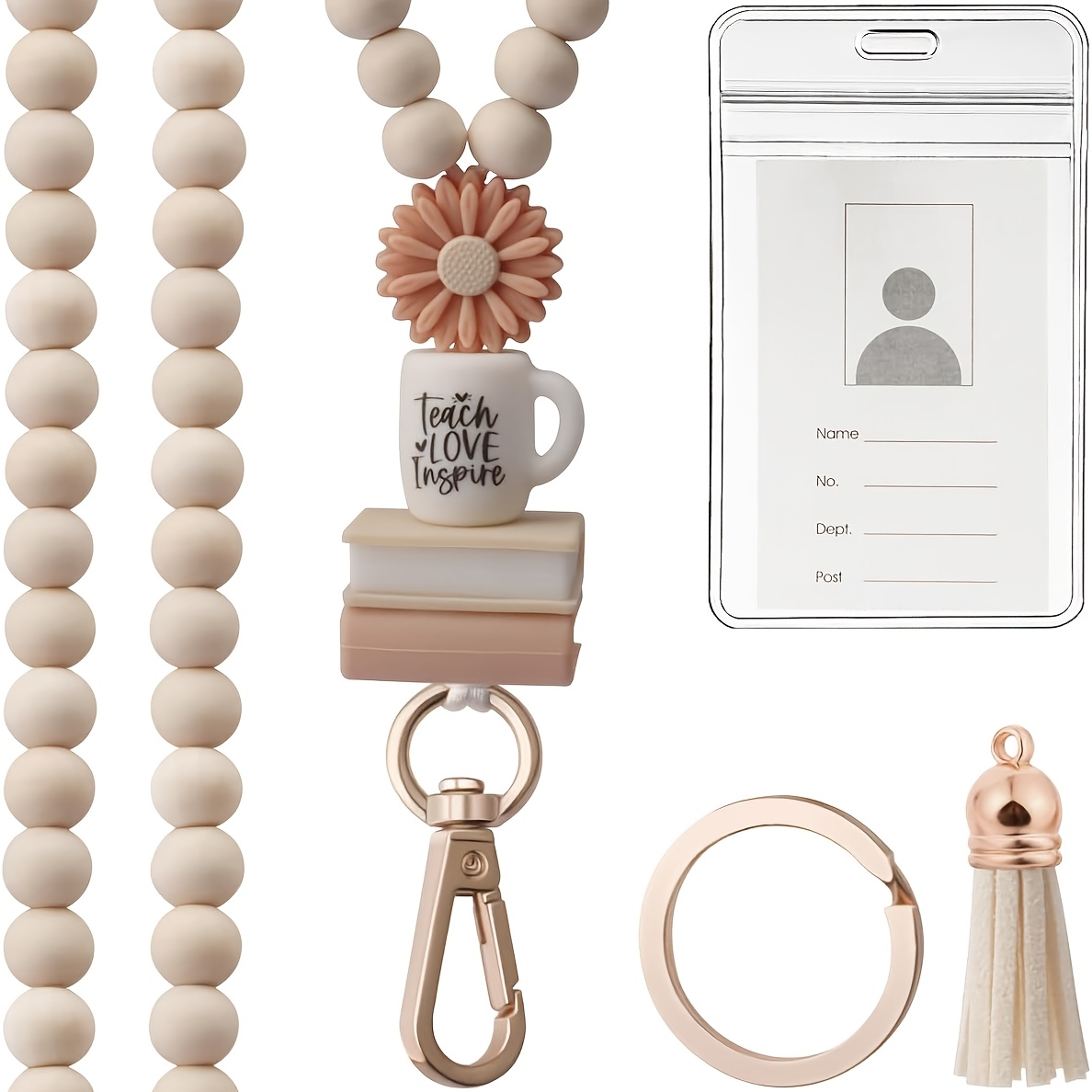 TEMU 2d Teacher Bead Lanyard With Id Badge Holder, Daisy " " Cup And Book Decorative Pendant, Can Hold Keys And Id Badges, Appreciation Gift For