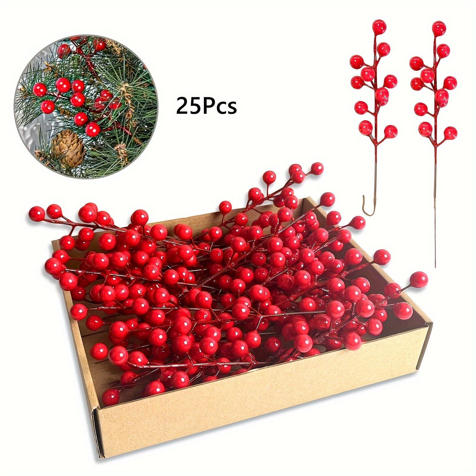 Image of 25pcs Pack Realistic Artificial Berry Branches With Berries - 7.87-inch Sturdy Pc Fake Christmas Tree Limbs Suitable For Diy Crafts, Garland, Wedding & Holiday Decorations