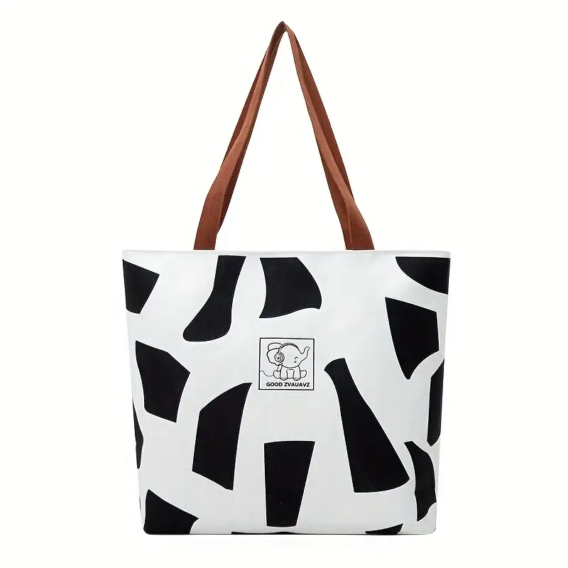 stylish geometric print womens oxford tote bag durable shoulder bag with zipper closure shopping travel commuting in white yellow black commuting accessory modern accessory fabric details 4