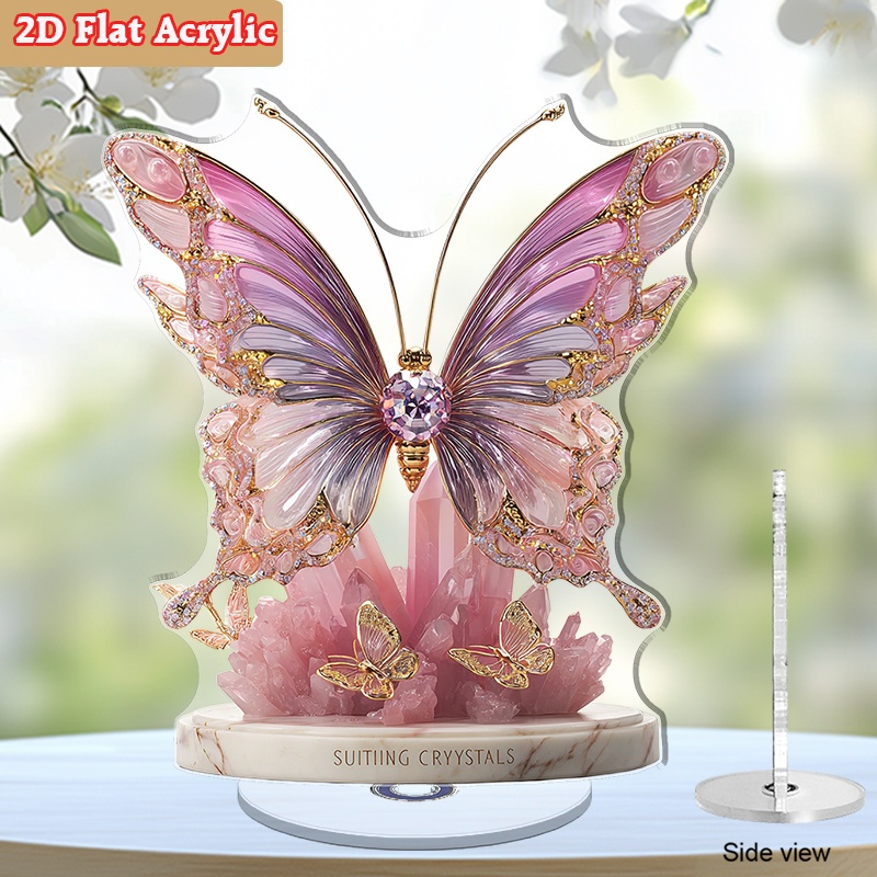 TEMU 2d Flat Rotating Acrylic Desktop Ornament, Featuring A Large Sculpture With Shiny Wings And A Crystal Body, Accompanied By A Smaller On A