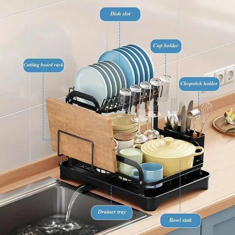 2 tier dish rack with dish drying rack 2 tier drainer kitchen counter cutlery holder cutting board holder cup holder and large dish racks Product details 4