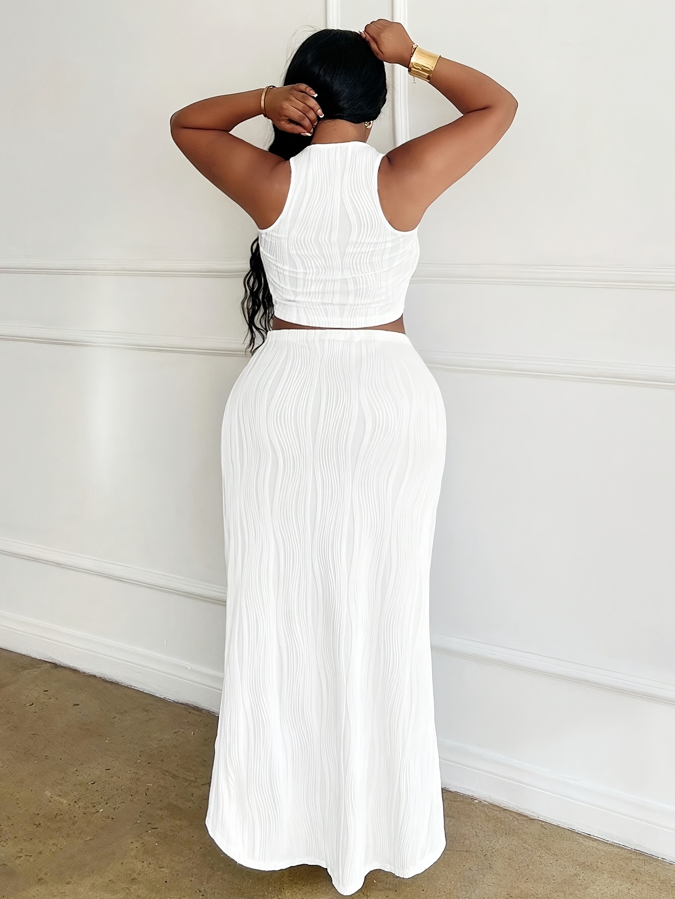 plus size elegant white two piece set sleeveless crop top Temu
