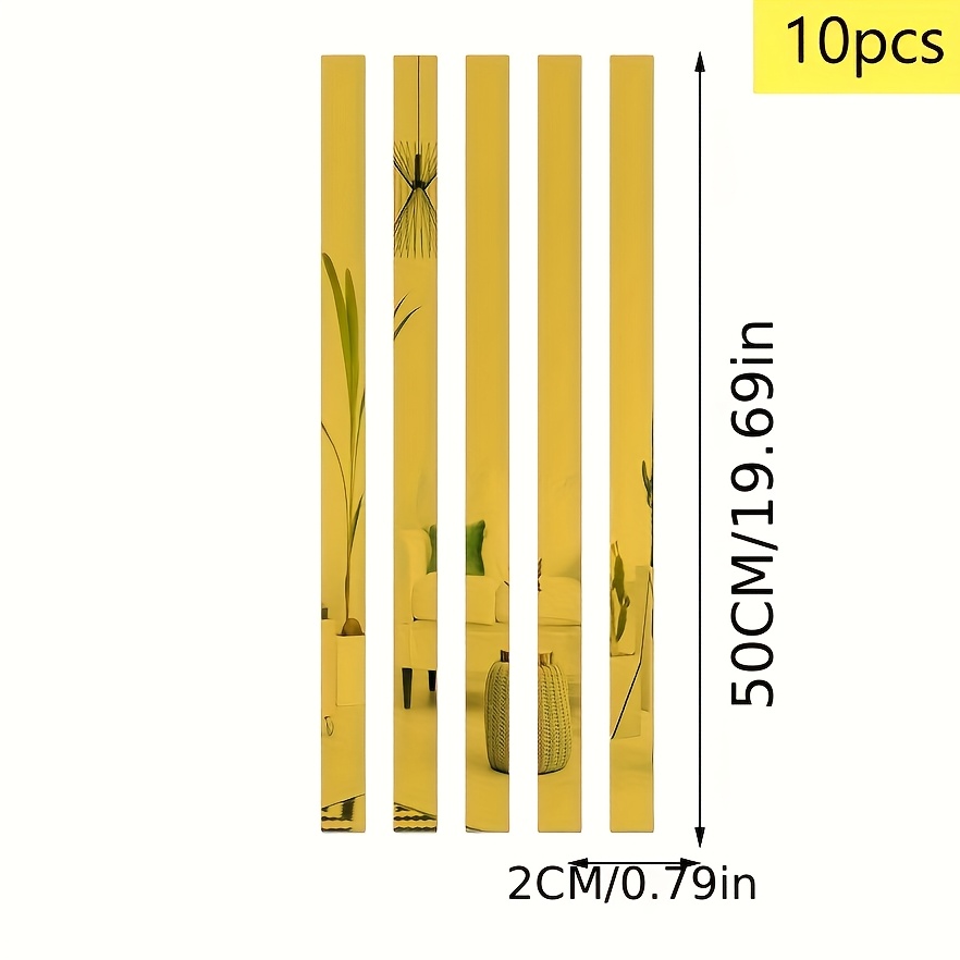 TEMU 10pcs Golden Self-adhesive Acrylic Wall & Ceiling Edge Mirror Strips - 2cm X 50cm (0.8"x20") Irregular Horizontal Diy Decorative Lines For