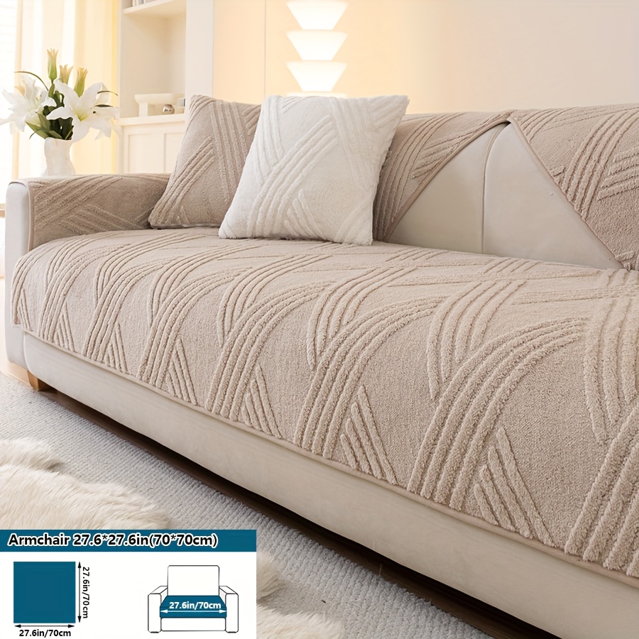 TEMU 1pc Polyester Velvet Striped Sofa Protector Cover, Plush Thickened For Warmth, Anti-slip And Wear-resistant, A High-end Decorative Accessory