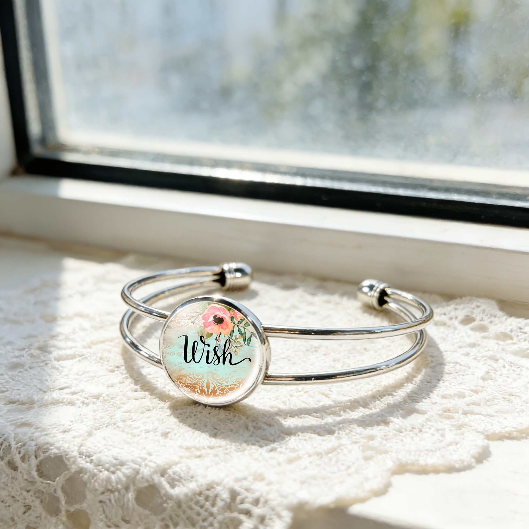 Adjustable Open Bangle with Round Time Gem Inlay, Wish Pattern