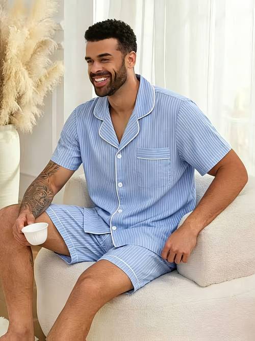 2pcs loose cardigan and set mens striped like short sleeve shorts pajamas breathable for indoor and outdoor short sleeve and shorts summer outfit