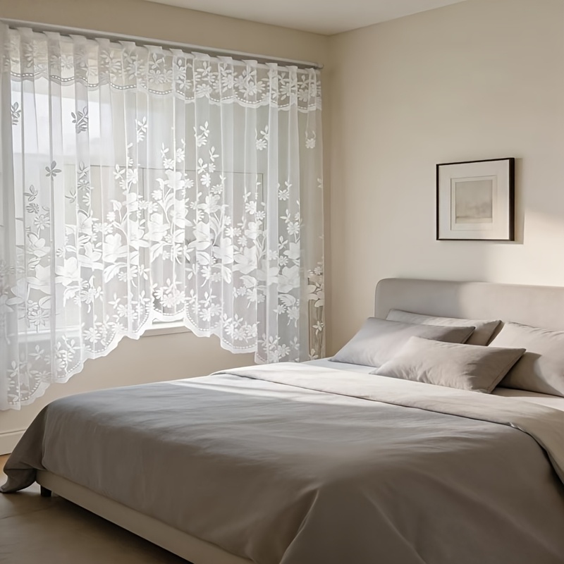 Elegant White Jacquard Sheer Window Curtain, Arched Scalloped Bottom Design, Panel For Home Bedroom Bathroom, 1 Panel