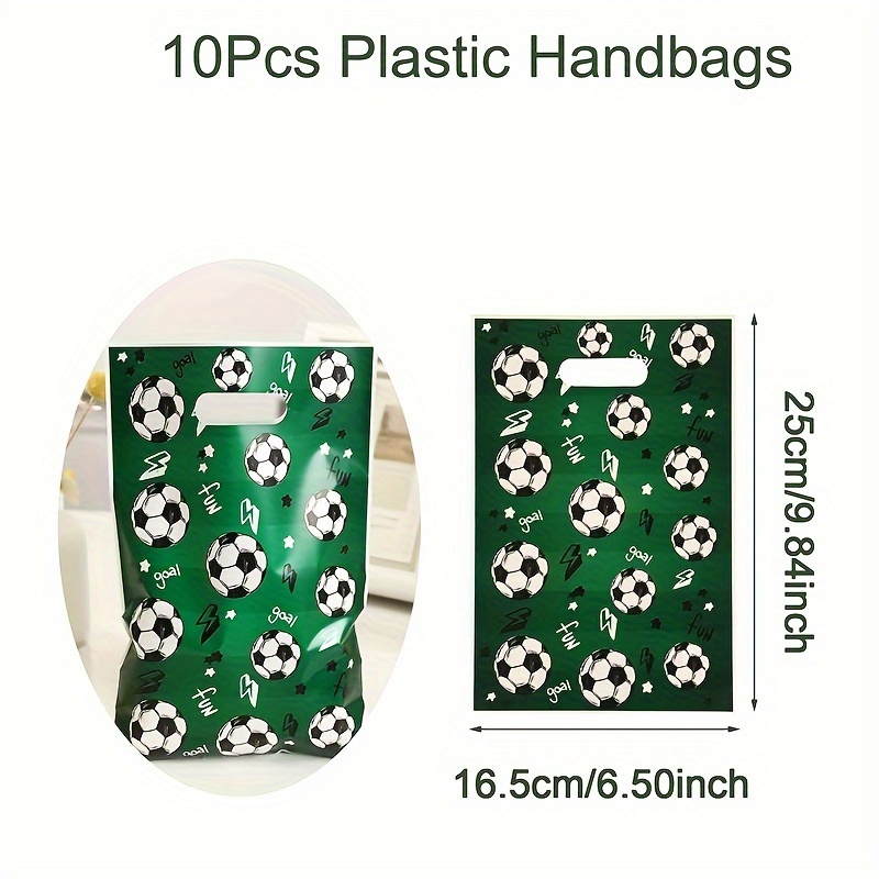 Image of 10pcs Green Soccer Themed Gift Bags - 6.5"x9.8" Candy Tote Bags For Birthday Parties, - Durable Plastic Goody Bag Set, Goodie Bags