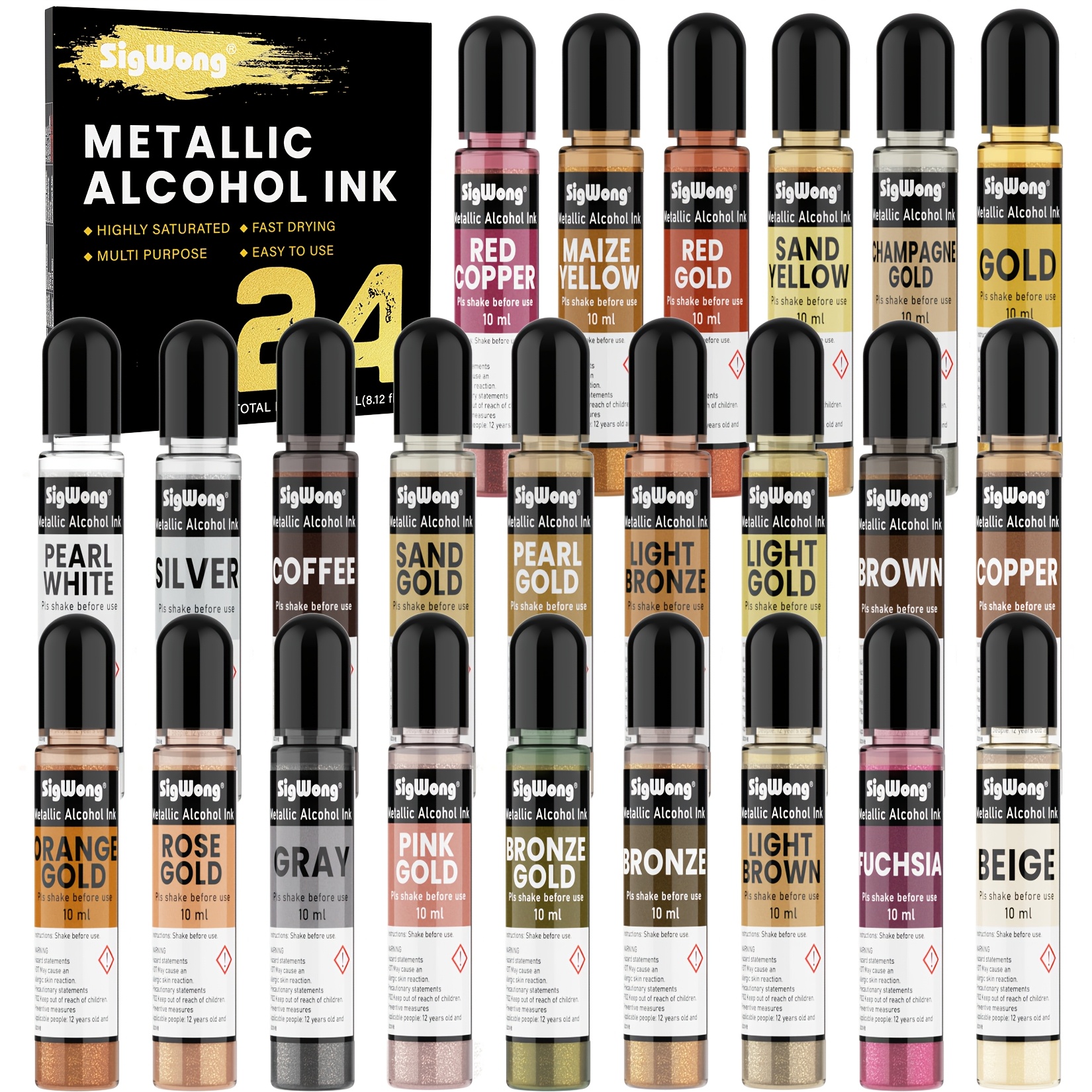 

Metallic Ink Set - 24 Metal Color -based Ink, Shimmer Mixatives Epoxy Colour Dye Great For Resin Dish, , Coaster, Painting, Cup Making (10ml )