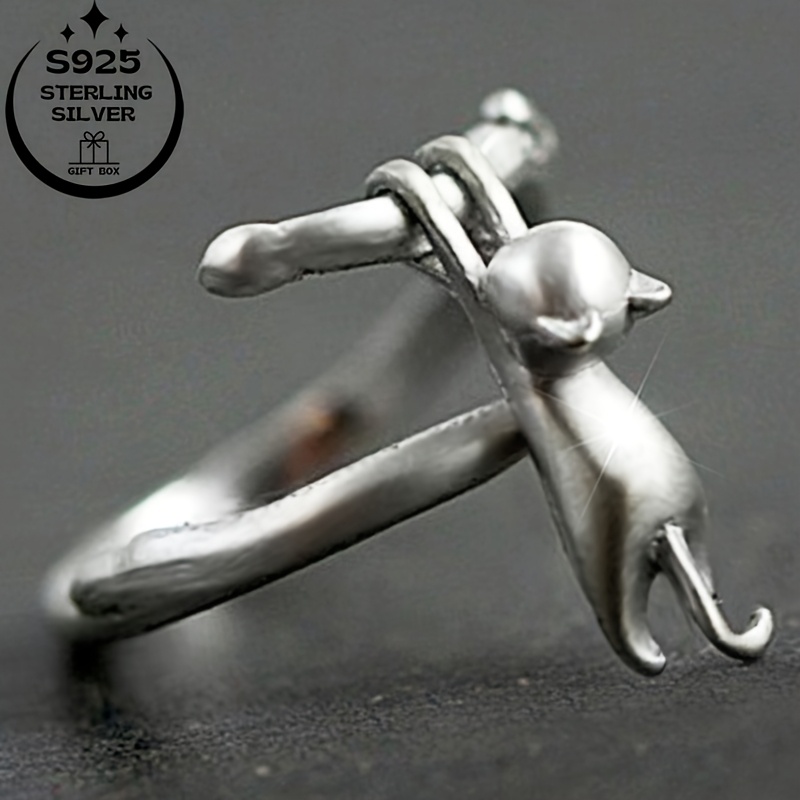 925 Silver Cat Ring Lazy Cat Climbing High Meaning Gift