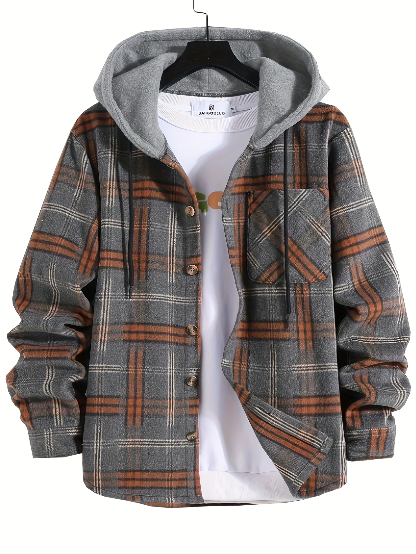 Christmas Gifts for Men: a Casual Plaid Hooded Color-Blocked Harajuku-Style Faux Two-Piece Long-Sleeve Jacket