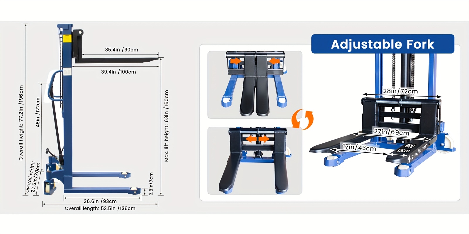 industrial heavy duty 2200lbs manual hydraulic pallet stacker adjustable lift height 3 78 63 fixed legs blue metal grid design adjustable forks for open   block pallets ideal for     industrial use Product details 2