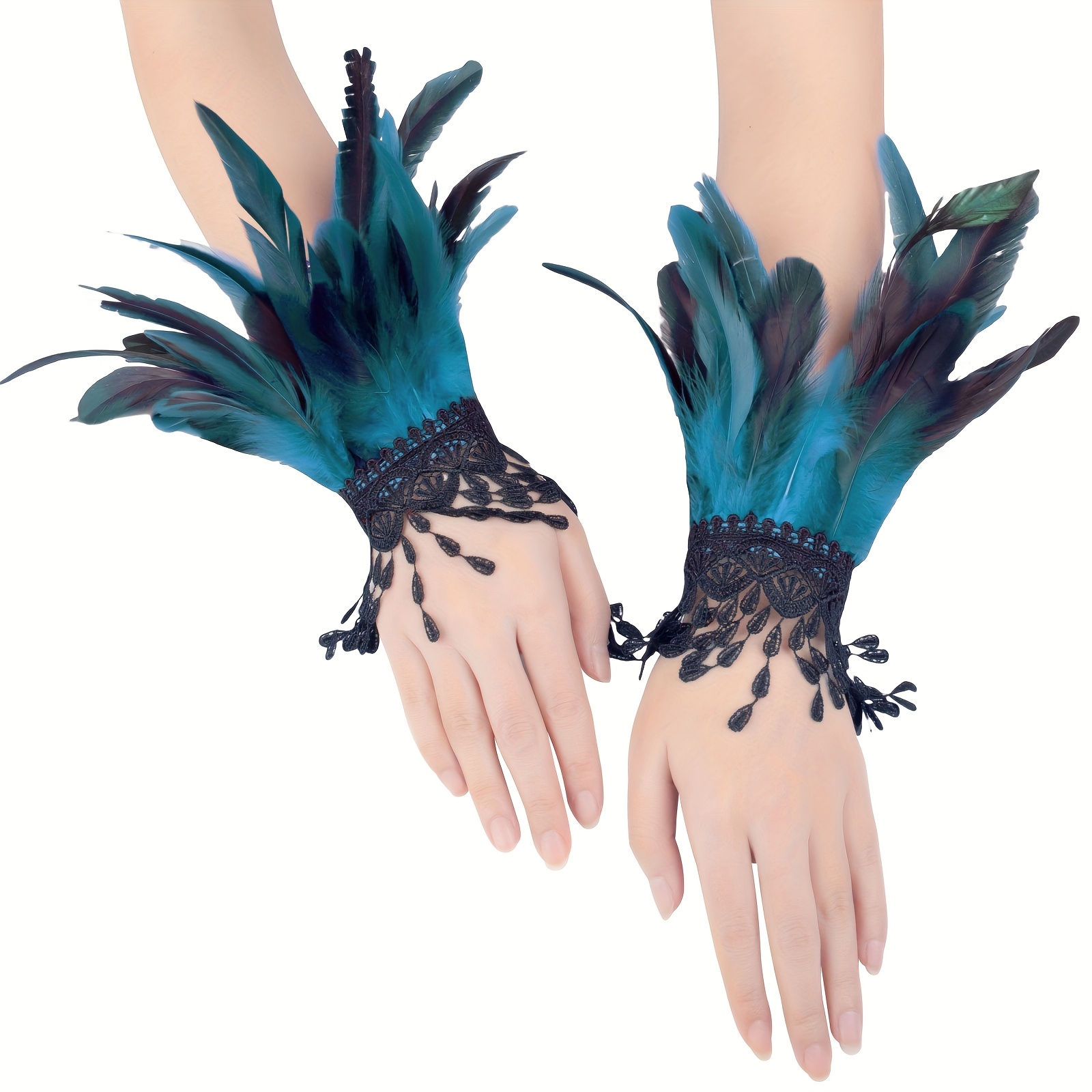 TEMU Gants de Main en Dentelle à Plumes pour Femmes, Accessoires de Costume Gothique et Punk pour Halloween, Noël et Mariage 2pcs
