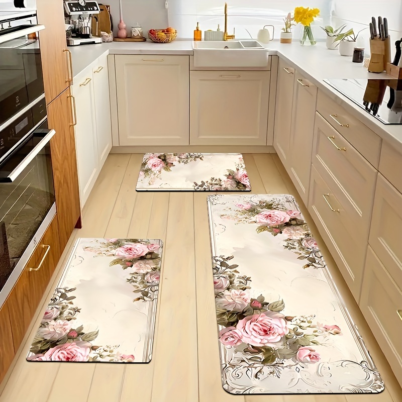 

1-pack Cozy Floral Pattern Kitchen Rugs, 8mm Thick Soft Memory Foam Bath Mats, Non-slip Polyester Kitchen Mats, Machine Washable Entryway Carpet, Bedroom Area Rugs, Decorative Indoor Floor Mat