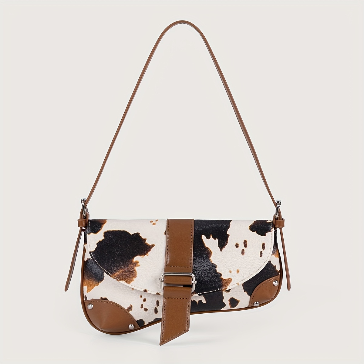 TEMU Animal Print Underarm Bag, Cow Print Studded Motorcycle Style Shoulder Bag, Y2k Hobo Bag, Crescent Bag, Street Style For Teen Holiday Gifts,